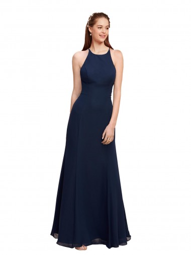 Discount High Halter Fit and Flare Long Chiffon Prom Dress with Criss Cross Low Back UK