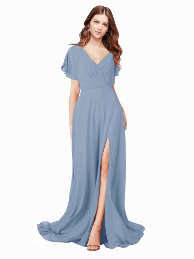 Discount Chiffon Prom Dress with Flutter Sleeves and Front Slit UK