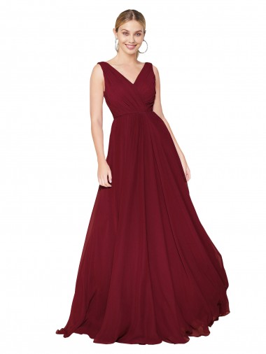 Discount Draped A-Line V-Neck Floor Length Chiffon Prom Dress UK