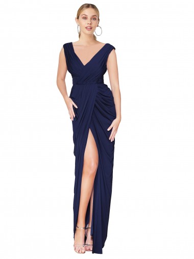 Discount Draped V-Neck Long Chiffon Prom Dress with Front Slit UK
