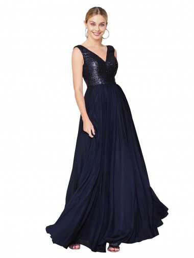 Discount High Neck V-Neck Long Chiffon Prom Dress with Sequin Top UK