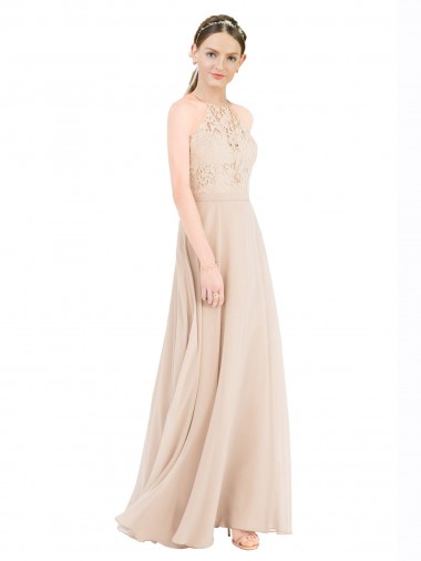 Discount High Halter Neck Illusion Lace Prom Dress with Chiffon Skirt and Keyhole Back UK