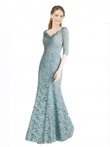 Discount Half Sleeves Pleated Lace Prom Dress with Wrap-Around Portrait Neckline UK