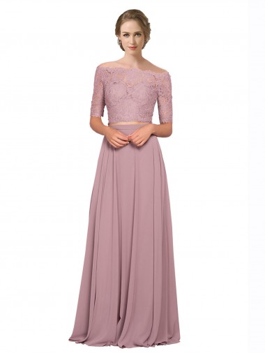 Discount Off the Shoulder Lace Crop Top A-Line Chiffon Prom Dress UK