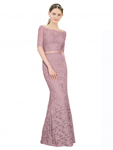 Discount Short Sleeves Crop Top Mermaid Lace Prom Dress UK