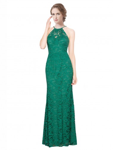Discount High Illusion Halter Neck Long Lace Prom Dress UK