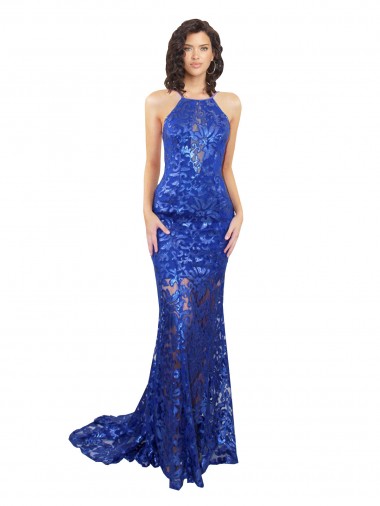Discount High Neck Long Open Back Lace Prom Dress with Train UK
