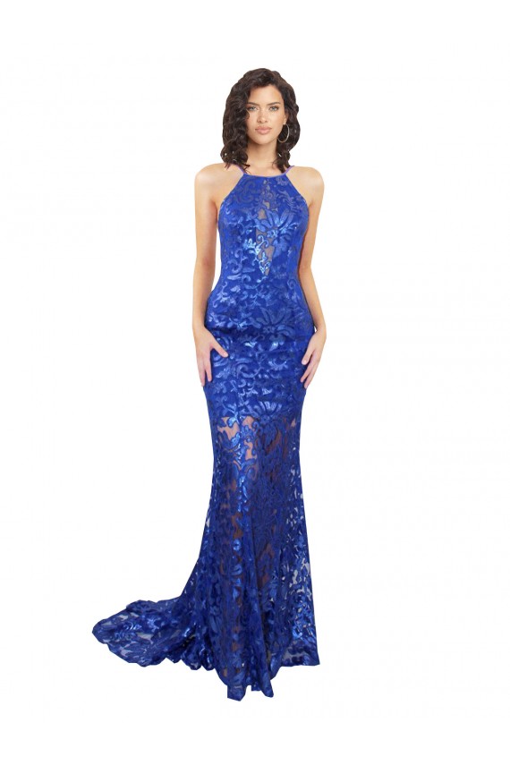High Neck Long Open Back Lace Prom Dress with Train