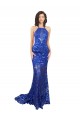 High Neck Long Open Back Lace Prom Dress with Train