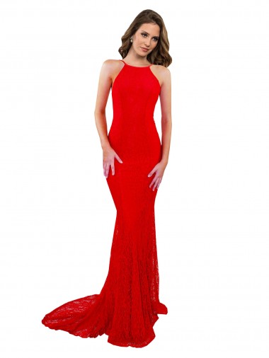 Discount High Neck Long Lace Prom Dress with Open Back Straps UK