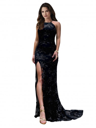 Discount High Neckline Lace Open Back Prom Dress with High Slit UK