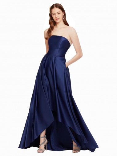 Discount High Low Strapless Satin Prom Dress with Pockets UK
