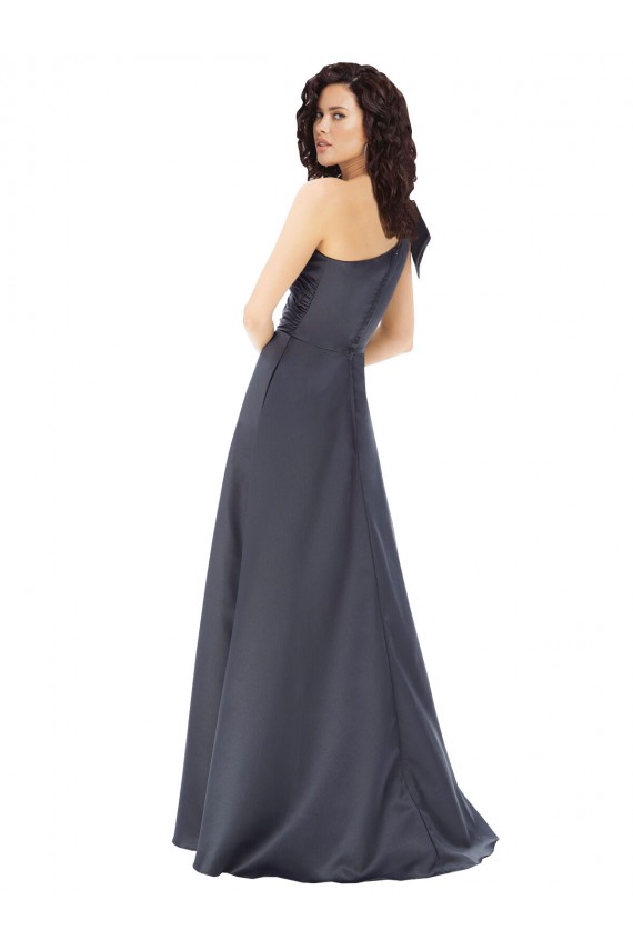 Rouched One Shoulder Floor Length Satin Prom Dress with Bow