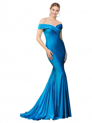 Discount Off the Shoulder Long Chapel Train Satin Prom Dress UK