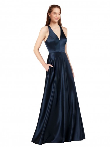 Discount Long Satin Prom Dress with Halter Neckline UK