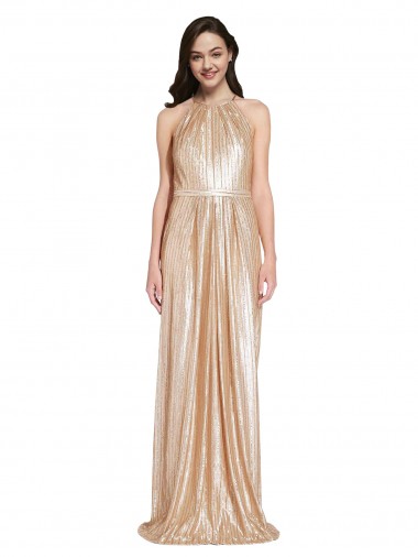 Discount Floor Length Halter Neck Sparkling Sequin Prom Dress with Pleats UK