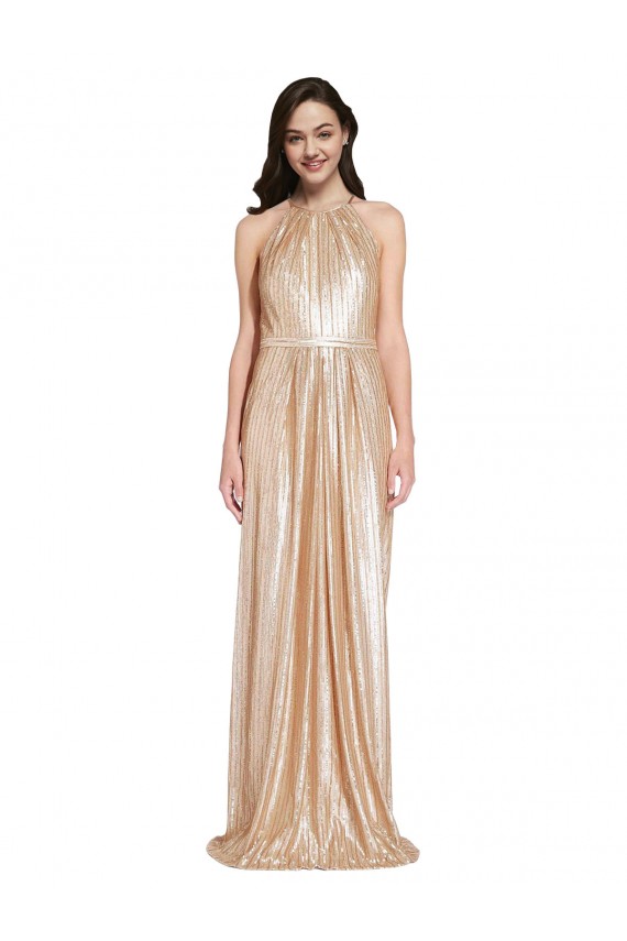 Floor Length Halter Neck Sparkling Sequin Prom Dress with Pleats