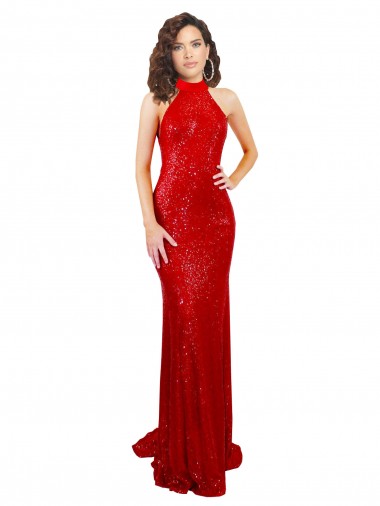 Discount Halter High Neck Mermaid Open Back Sequin Prom Dress UK