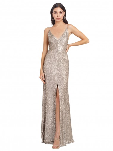 Discount V-Neck Fully Sequin Prom Dress with V-Back and Front Slit UK