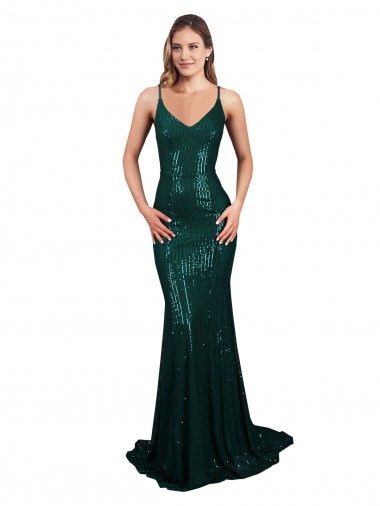Discount Fishtail Shaped V-Neck Open Back Long Sequin Prom Dress UK