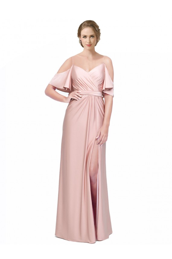 Draped Cold Shoulder Sleeves Long Silky Satin Prom Dress with Slit and Tie Back
