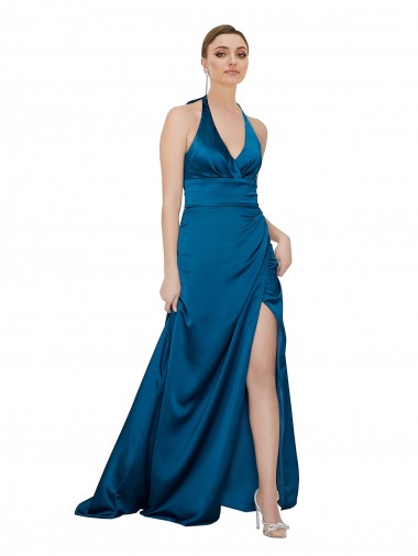 Discount Halter Neck Silky Satin Prom Dress UK