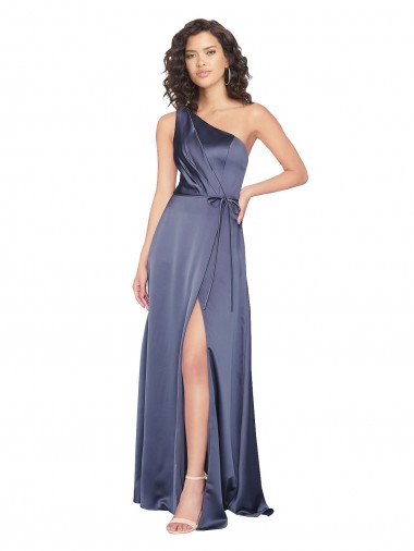 Discount Draped Silky Satin Prom Dress with Tied Waist UK
