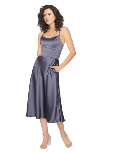 Discount Midi Length Silky Satin Cocktail Prom Dress / Homecoming Dress with Open Tied Back UK