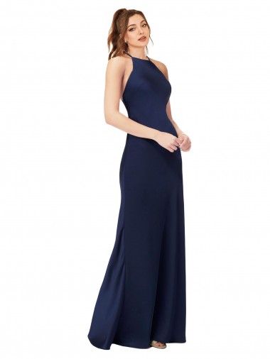 Discount High Neck Satin Prom Dress with Strappy Back UK