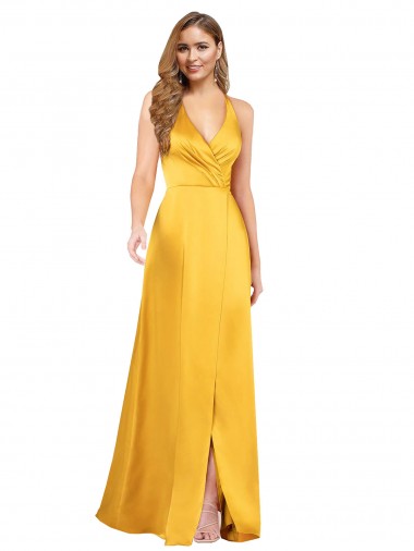 Discount Halter A-Line Silky Satin Prom Dress with V-Neckline and Slit UK