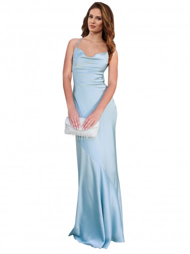 Discount Open Back with Ties Cowl Neck Sheath Silky Satin Long Bridessmaid Dress UK