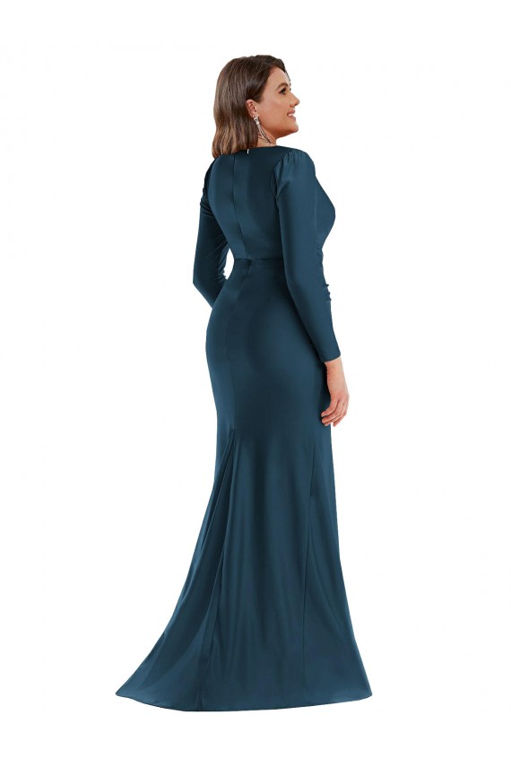 Long Sleeves Draped Wrap Silky Satin Mermaid Prom Dress with Front Slit