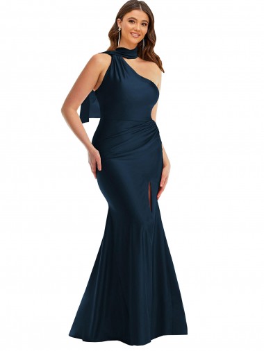 Discount Scarf Neck One Shoulder Silky Satin Mermaid Prom Dress with Front Slit UK