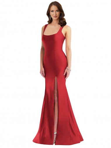 Discount Square Neck Silky Satin Mermaid Prom Dress with Side Slit UK