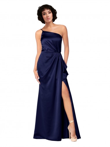 Discount One Shoulder Silky Satin Prom Dress with Skirt Slit UK