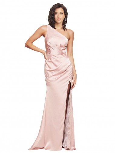 Discount Full Length Ruched Silky Satin Prom Dress with Low Back and High Split UK