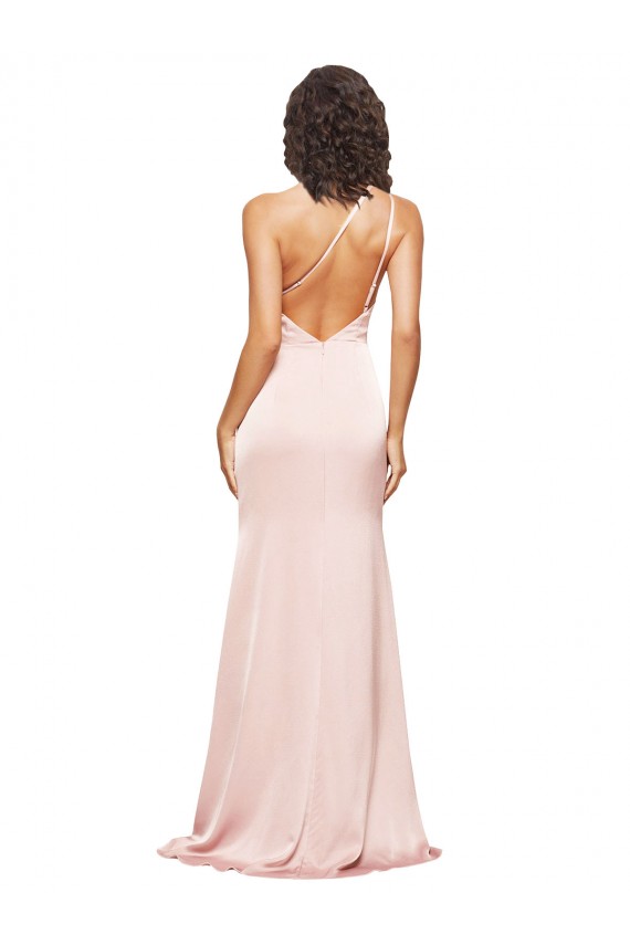 Full Length Ruched Silky Satin Prom Dress with Low Back and High Split