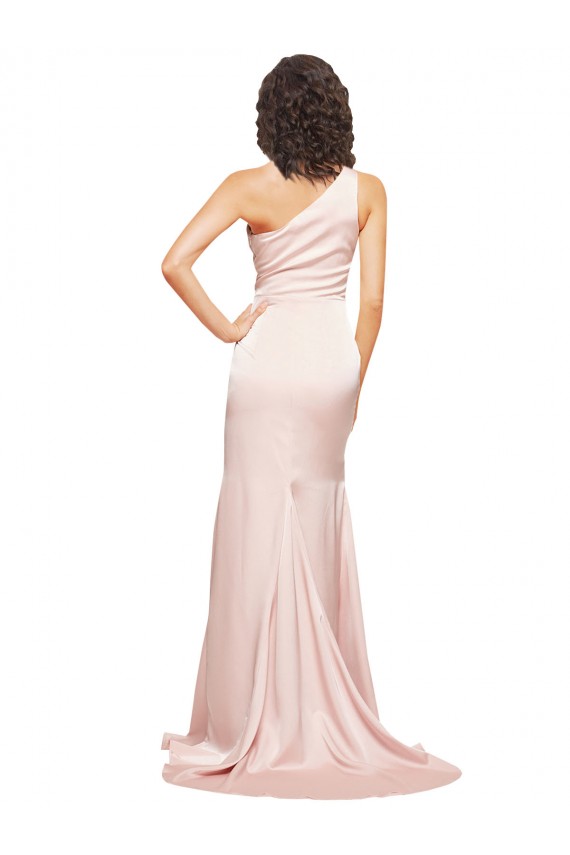 Full Length One Shoulder Long Silky Satin Prom Dress with High Split