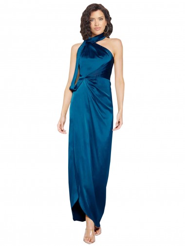 Discount High Halter Neck Silky Satin Prom Dress with Sash Overlay and Side Split UK