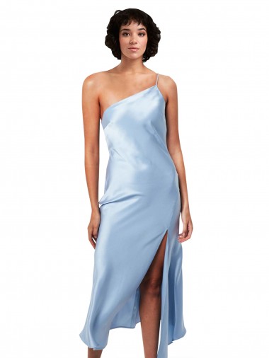 Discount Midi Length Short Silky Satin Cocktail Prom Dress / Homecoming Dress with Asymmetric Neckline and High Side Split UK