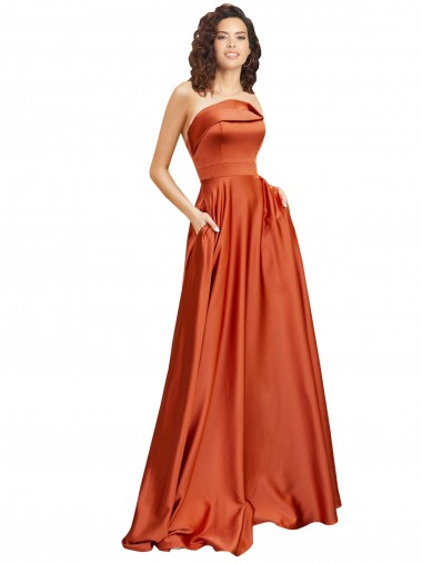 Discount Strapless Sweep Train Silky Satin Prom Dress with Pleats UK