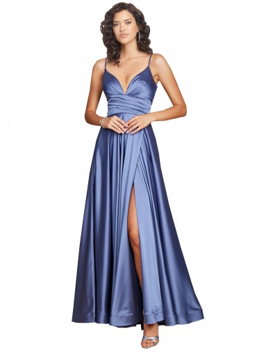 Discount Deep V-Neck Sweetheart Long Silky Satin Prom Dress with Thigh High Slit UK