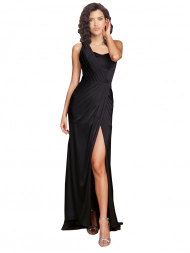 Discount Full Length One Shoulder Ruffled Long Silky Satin Prom Dress with High Slit UK
