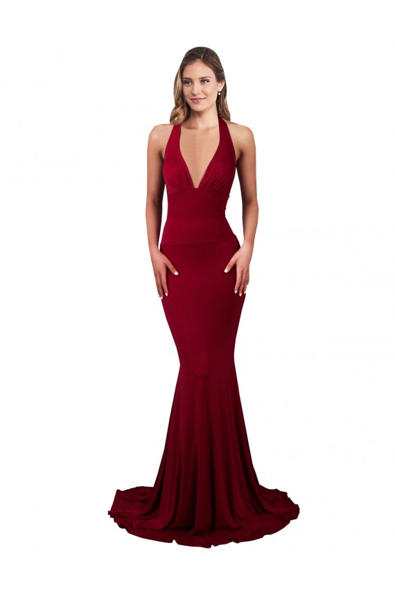Halter Mermaid Plunge V-Neckline Open Back Bow Tie Spandex Prom Dress