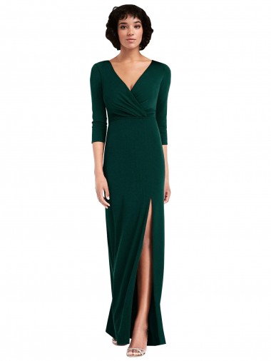 Discount Floor Length 3/4 Sleeves V-Back Draped Wrap Maxi Spandex Prom Dress UK