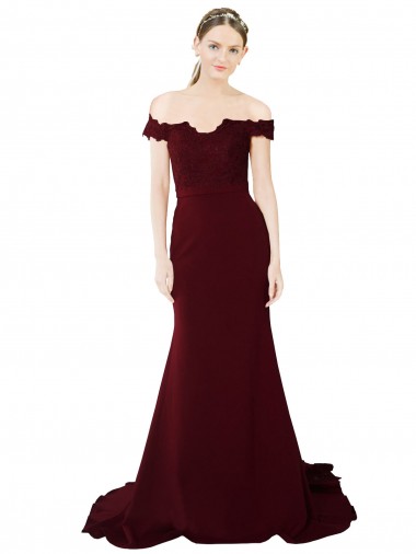 Discount Full Length Off the Shoulder Formal Crepe Prom Dress with Lace On Bodice and Back UK