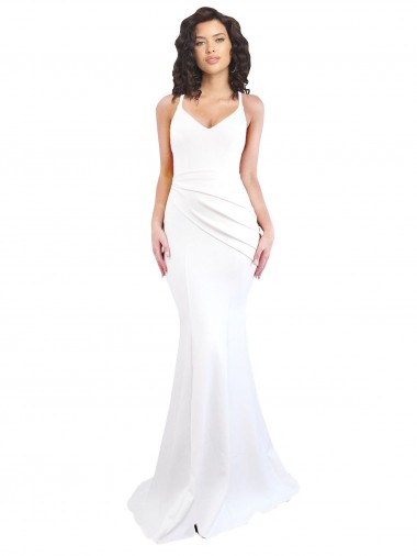 Discount Fishtail Shape Spaghetti Straps Open Back Crepe Prom Dress with Ruffles UK