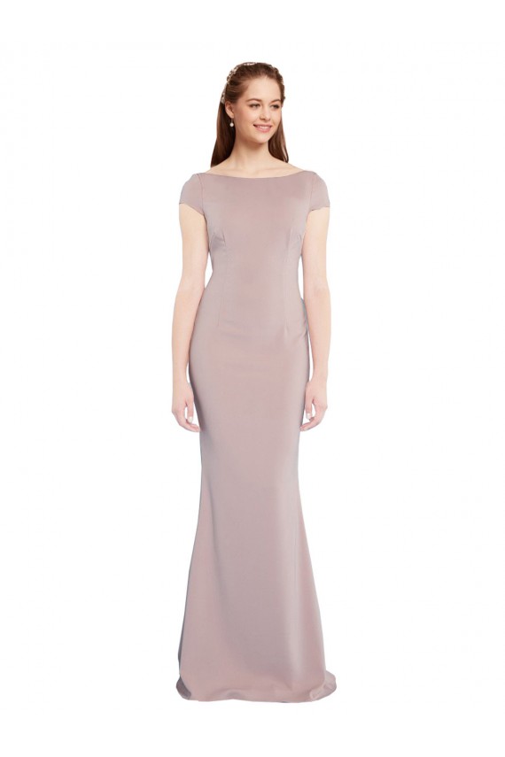 Boat Neck Cap Sleeve Crepe Prom Dress with Plunging Tie Back