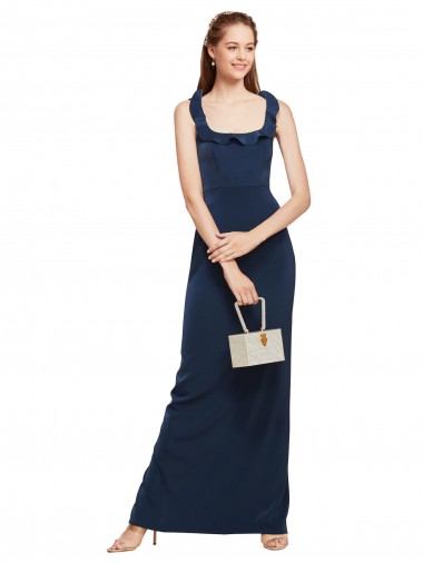 Discount Scoop Neck with Ruffles Long Crepe Prom Dress with Back Slit UK