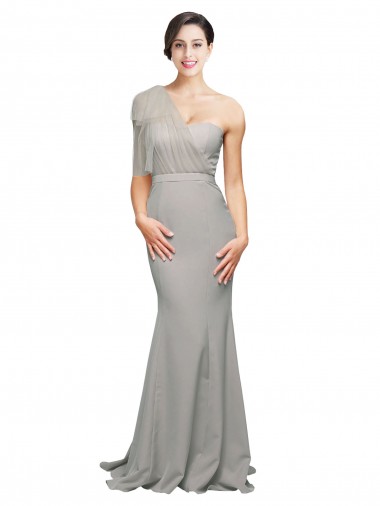 Discount Long Sweep Train Sweetheart Crepe Prom Dress with Tulle One Shoulder UK